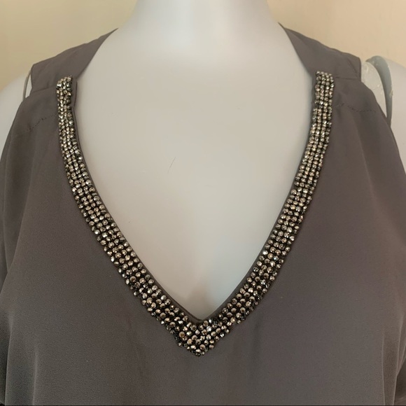 JUICY COUTURE Embellished Silky Cold Shoulder V-Neck Blouse Gray - Picture 11 of 15